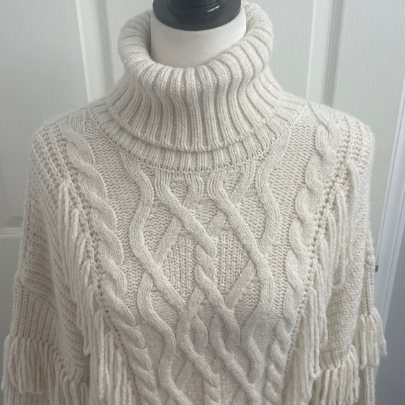 River Island Fringe Cable Knit Turtleneck Sweater in Cream Sz M - Picture 7 of 12